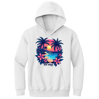 flat lay white tropical sunset kids hoodie by blue water apparel