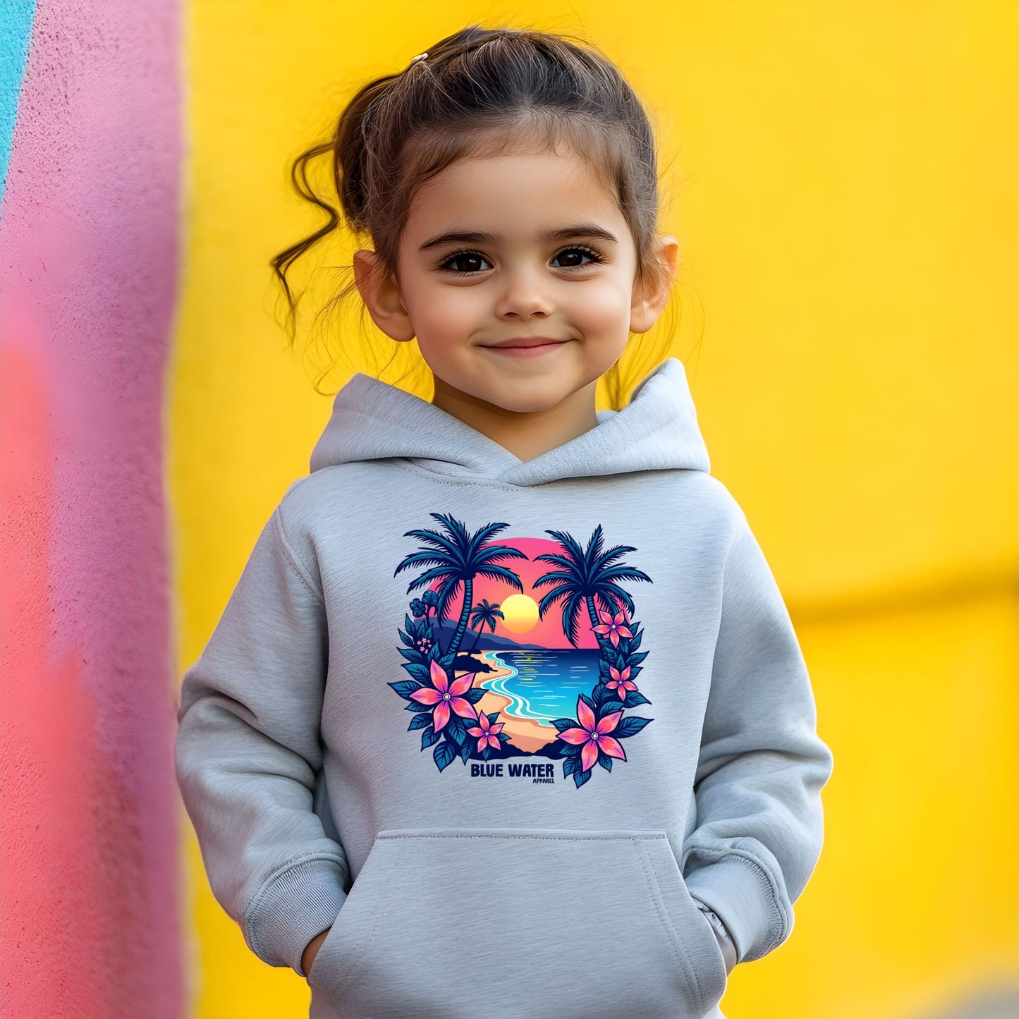 female model against colorb lock wall wearing sport grey tropical sunset kids hoodie by blue water apparel