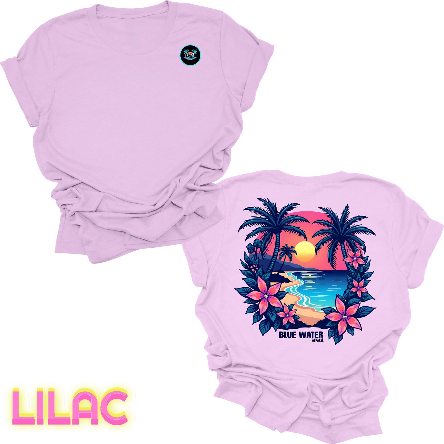 flat lay back graphic lilac tropical sunset tee by blue water apparel