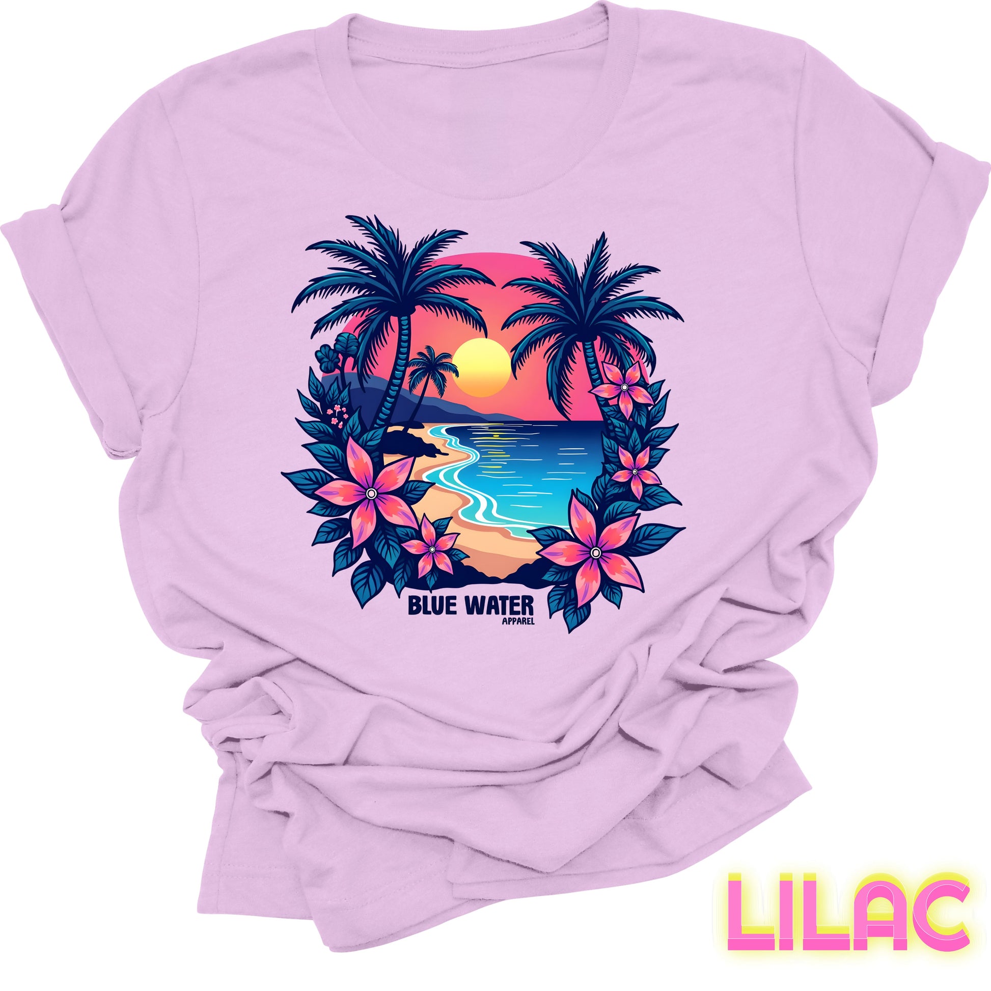 flat lay front graphic lilac tropical sunset tee by blue water apparel