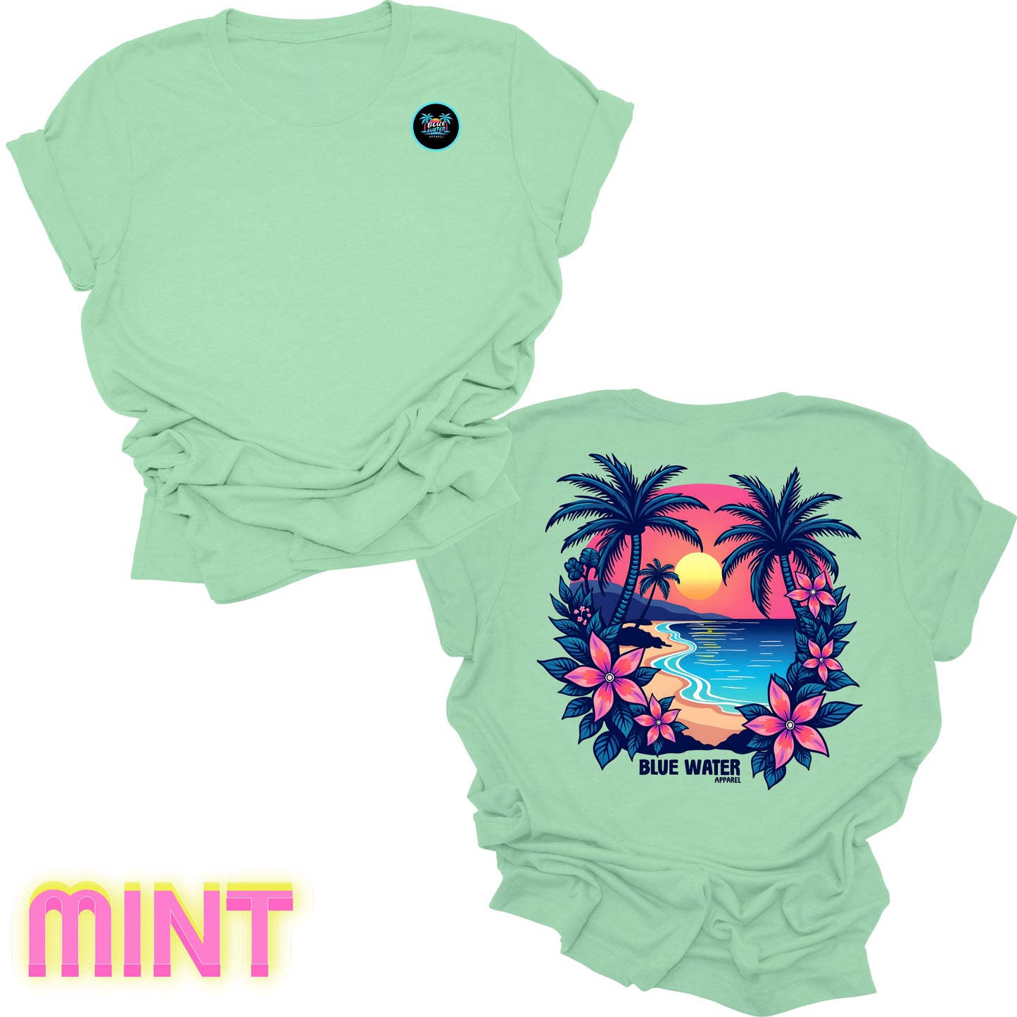 flat lay back graphic mint tropical sunset tee by blue water apparel