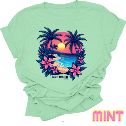 flat lay front graphic mint tropical sunset tee by blue water apparel