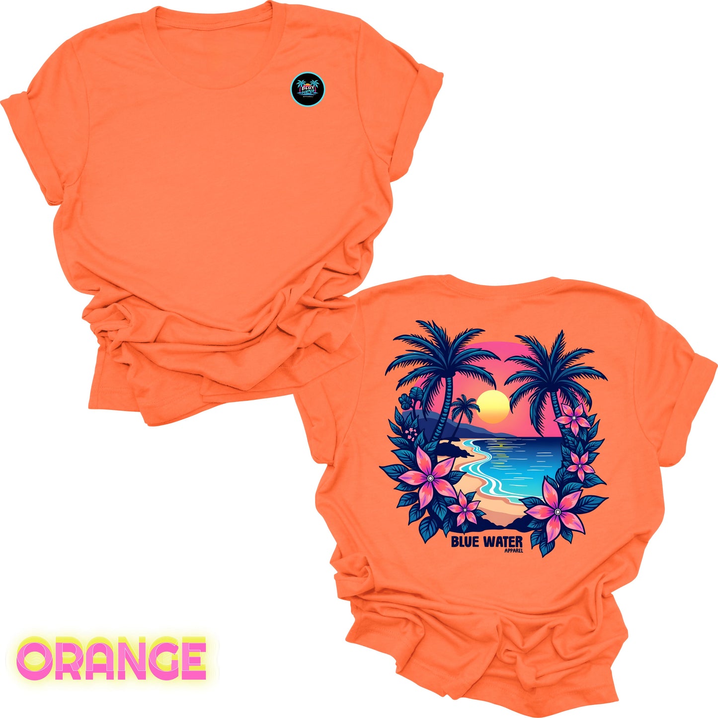 flat lay back graphic orange tropical sunset tee by blue water apparel