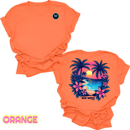 flat lay back graphic orange tropical sunset tee by blue water apparel