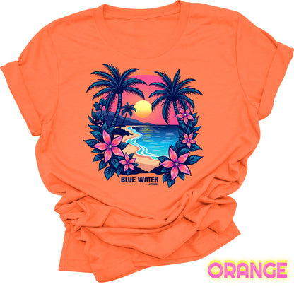flat lay front graphic orange tropical sunset tee by blue water apparel