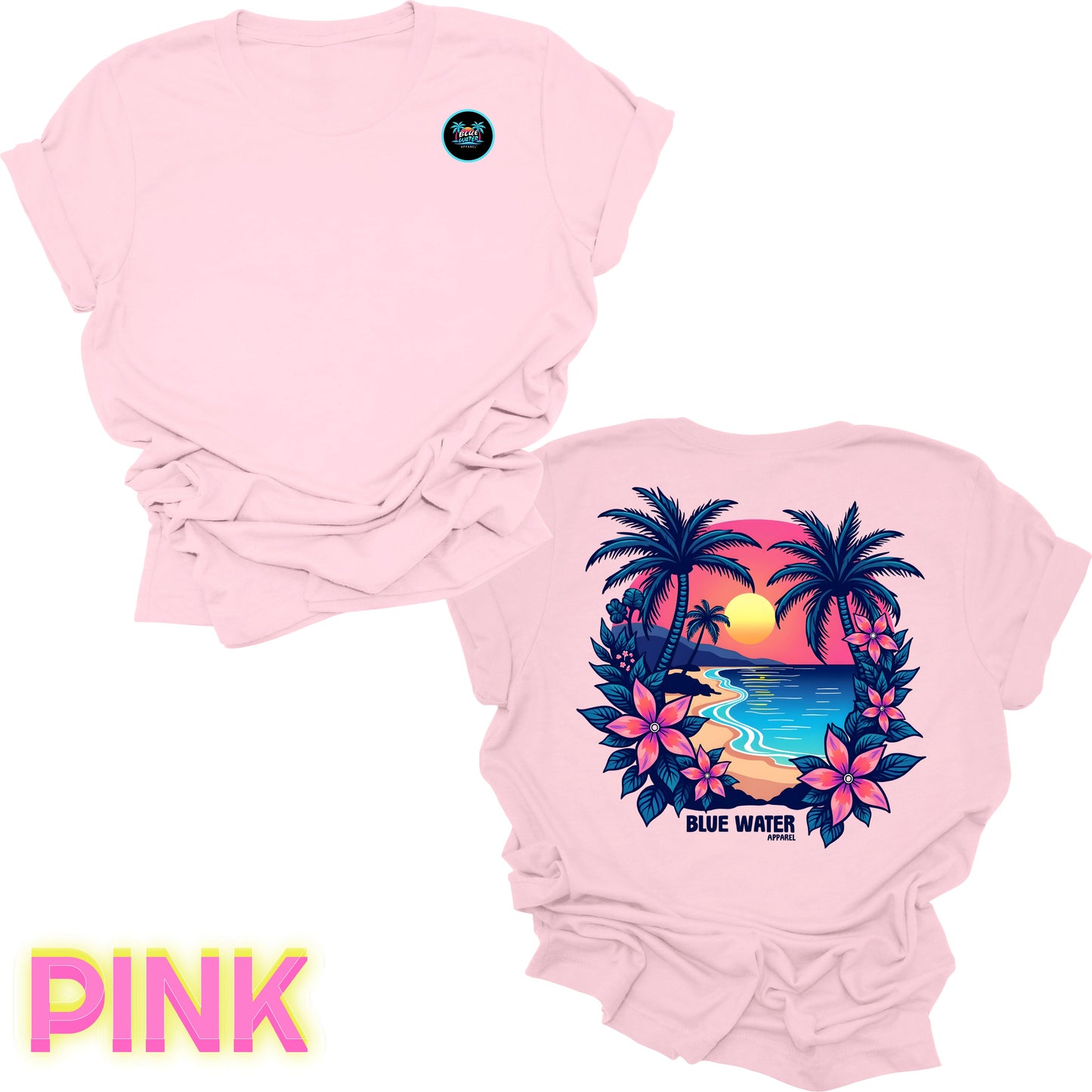 flat lay back graphic pink tropical sunset tee by blue water apparel