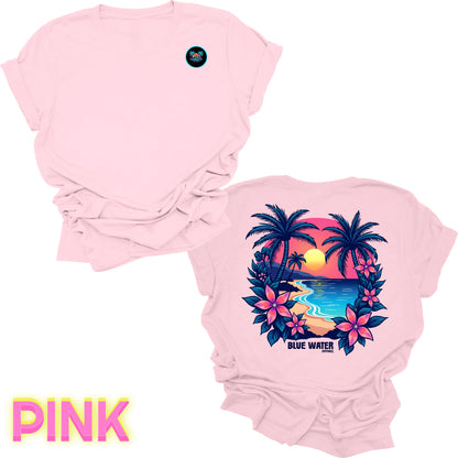 flat lay back graphic pink tropical sunset tee by blue water apparel