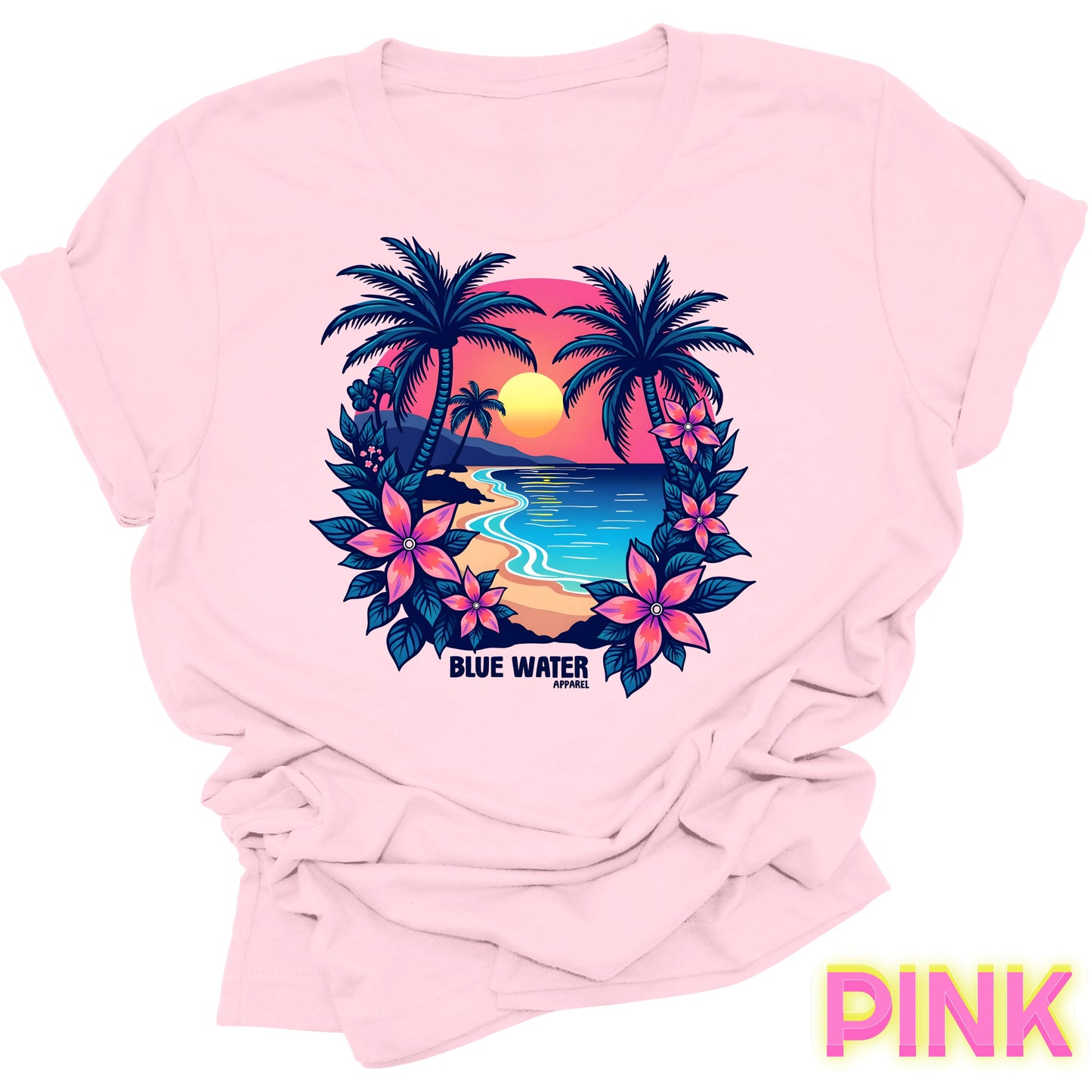flat lay front graphic pink tropical sunset tee by blue water apparel