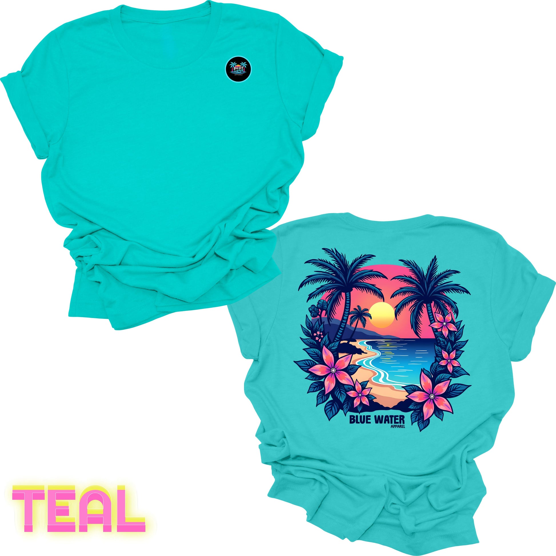 flat lay back graphic teal tropical sunset tee by blue water apparel