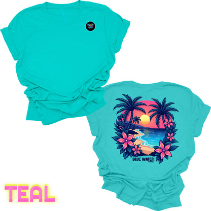 flat lay back graphic teal tropical sunset tee by blue water apparel