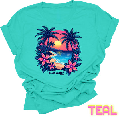 flat lay front graphic teal tropical sunset tee by blue water apparel