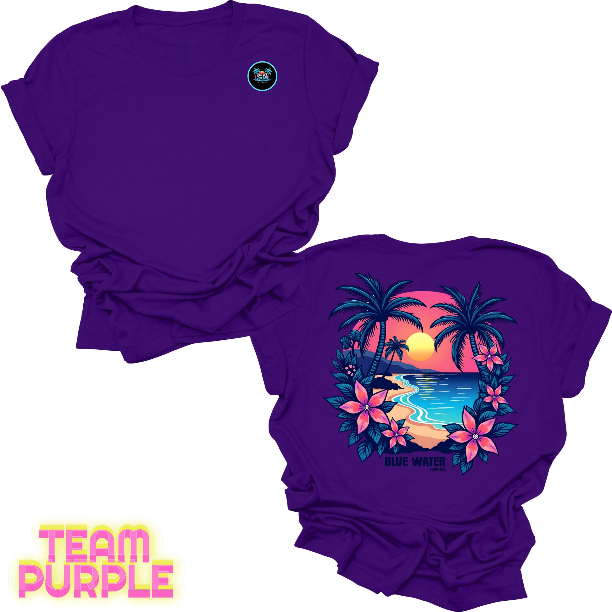 flat lay back graphic team purple tropical sunset tee by blue water apparel