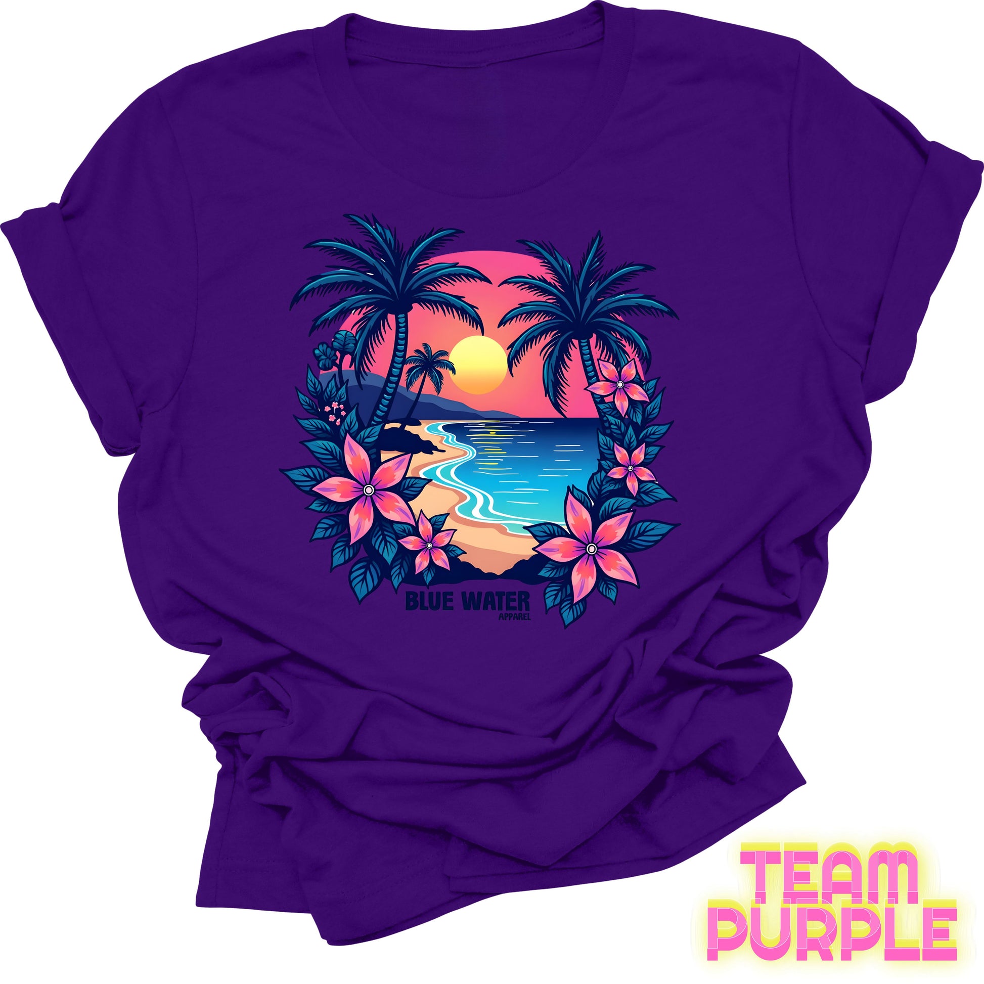 flat lay front graphic team purple tropical sunset tee by blue water apparel