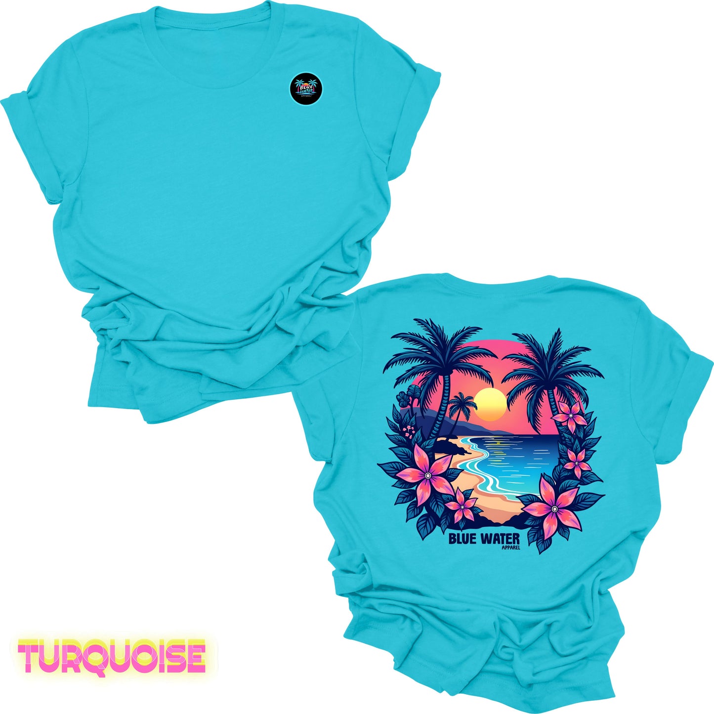 flat lay back graphic turquoise tropical sunset tee by blue water apparel