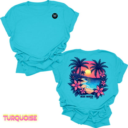 flat lay back graphic turquoise tropical sunset tee by blue water apparel