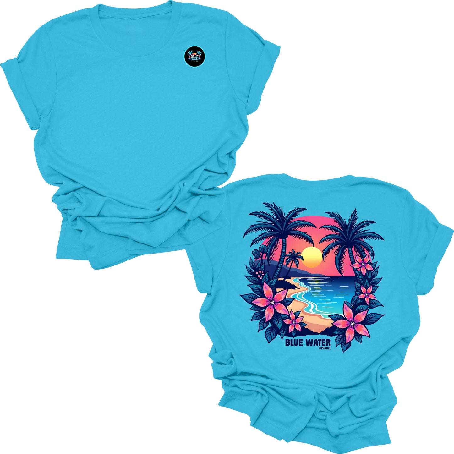 flat lay turquoise tropical sunset tee by blue water apparel