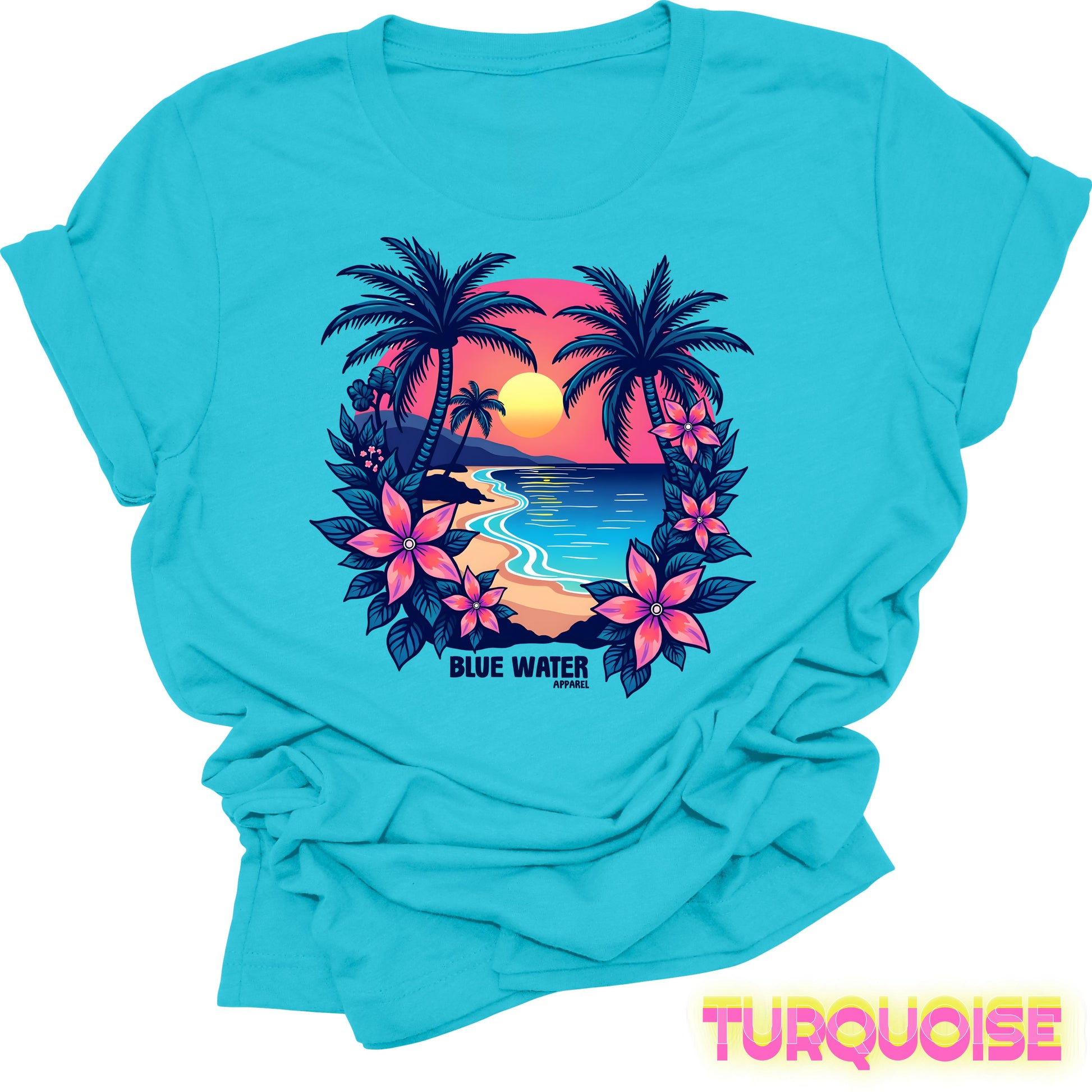 flat lay front graphic turquoise tropical sunset tee by blue water apparel
