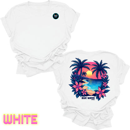 flat lay back graphic white tropical sunset tee by blue water apparel