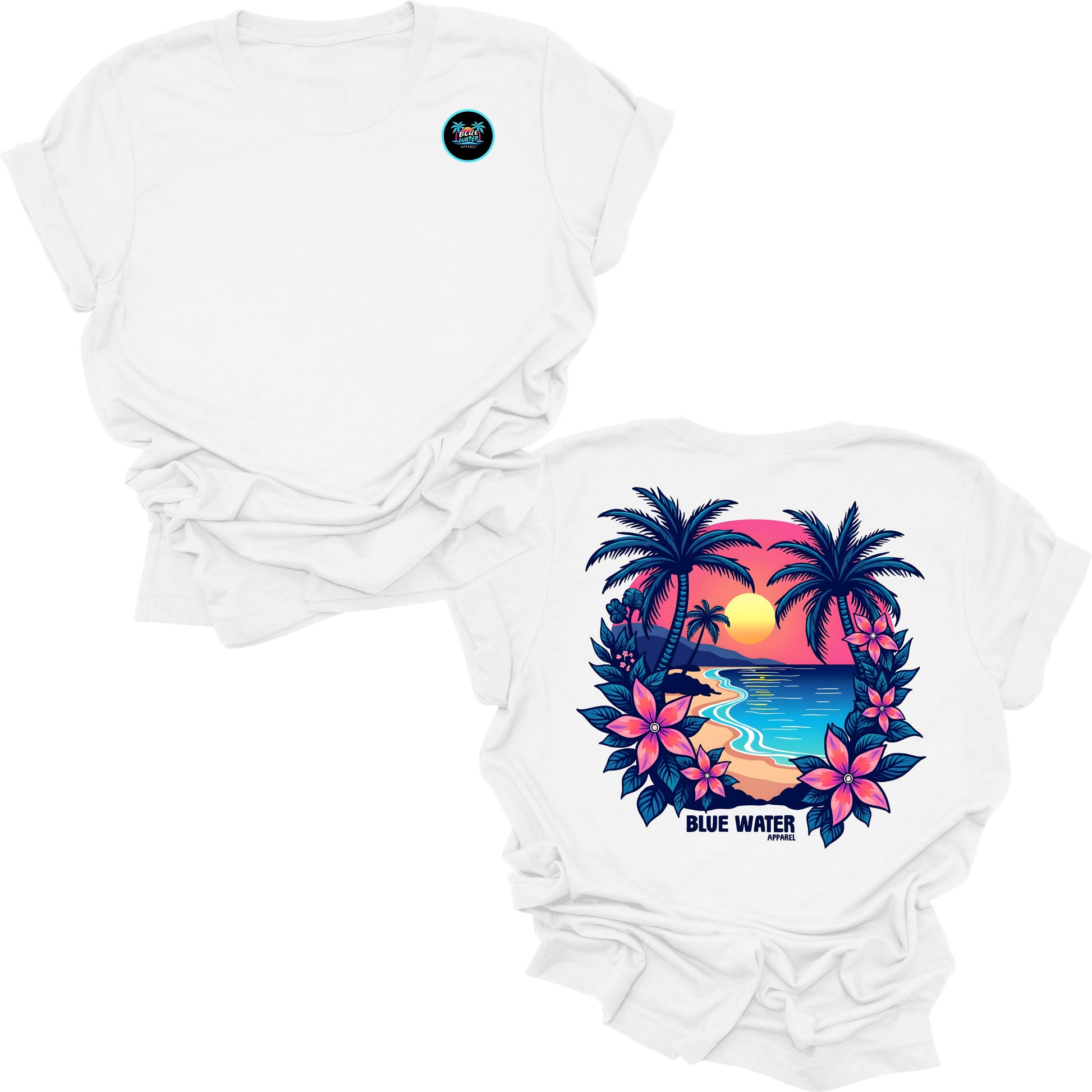 flat lay white tropical sunset tee by blue water apparel