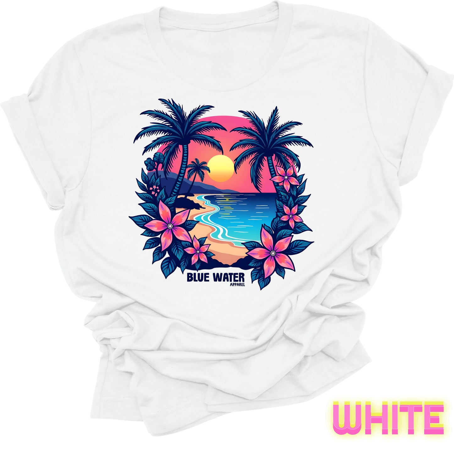 flat lay front graphic white tropical sunset tee by blue water apparel