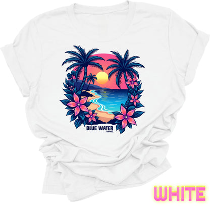 flat lay front graphic white tropical sunset tee by blue water apparel