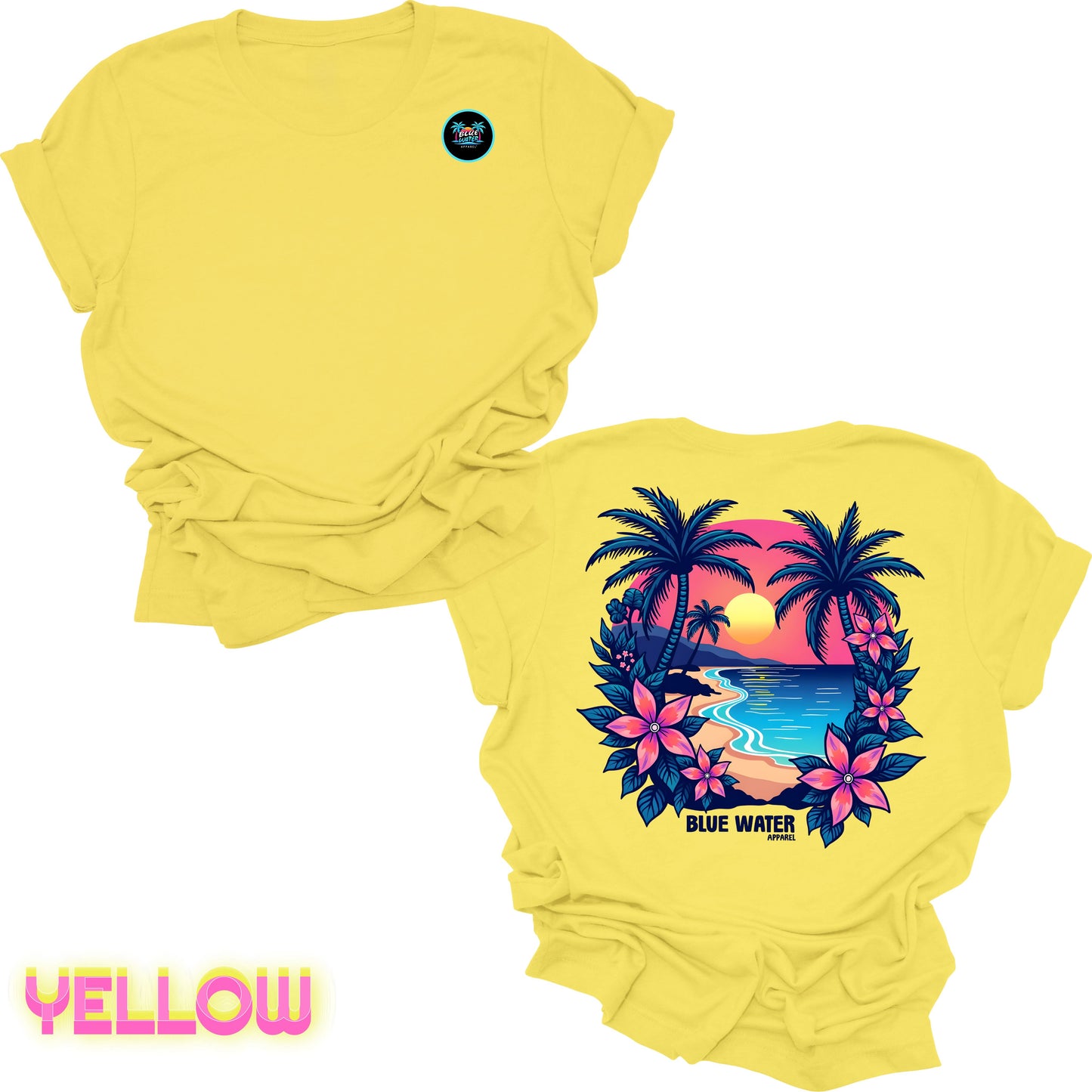 flat lay back graphic yellow tropical sunset tee by blue water apparel