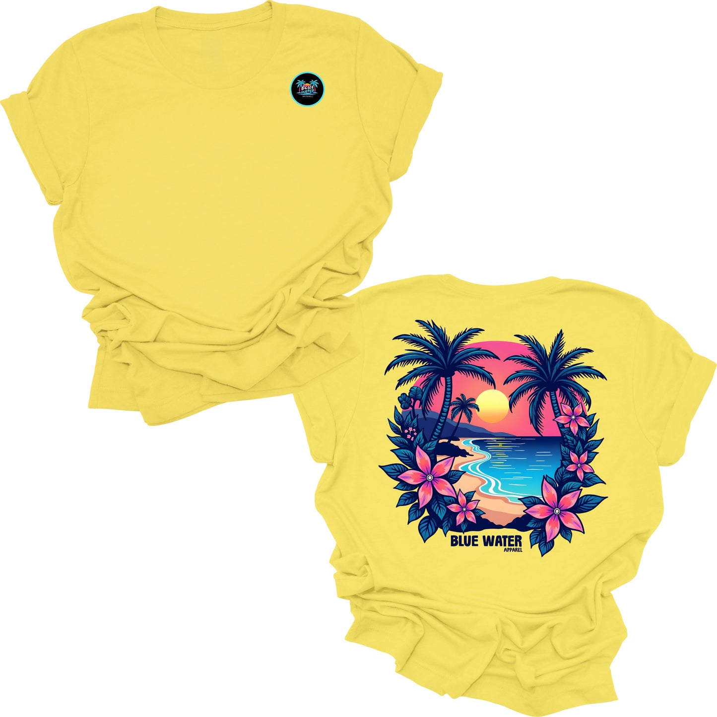 flat lay yellow tropical sunset tee by blue water apparel