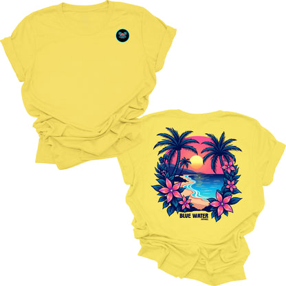 flat lay yellow tropical sunset tee by blue water apparel