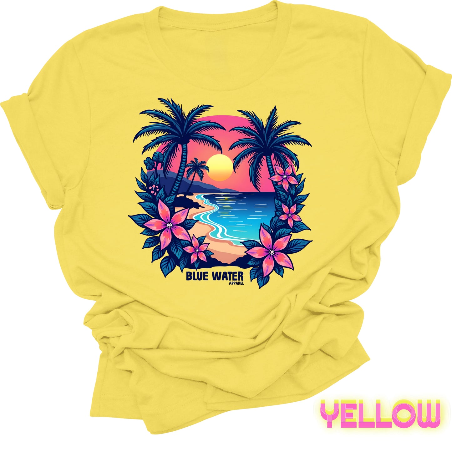 flat lay front graphic yellow tropical sunset tee by blue water apparel