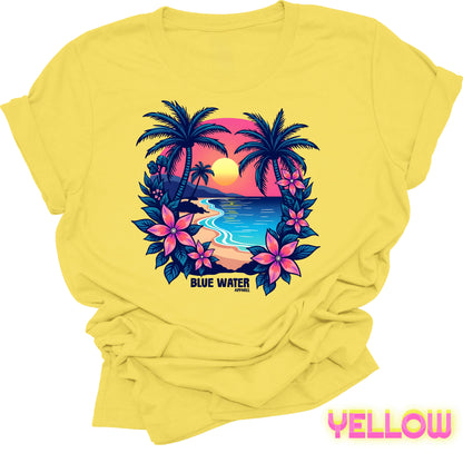 flat lay front graphic yellow tropical sunset tee by blue water apparel