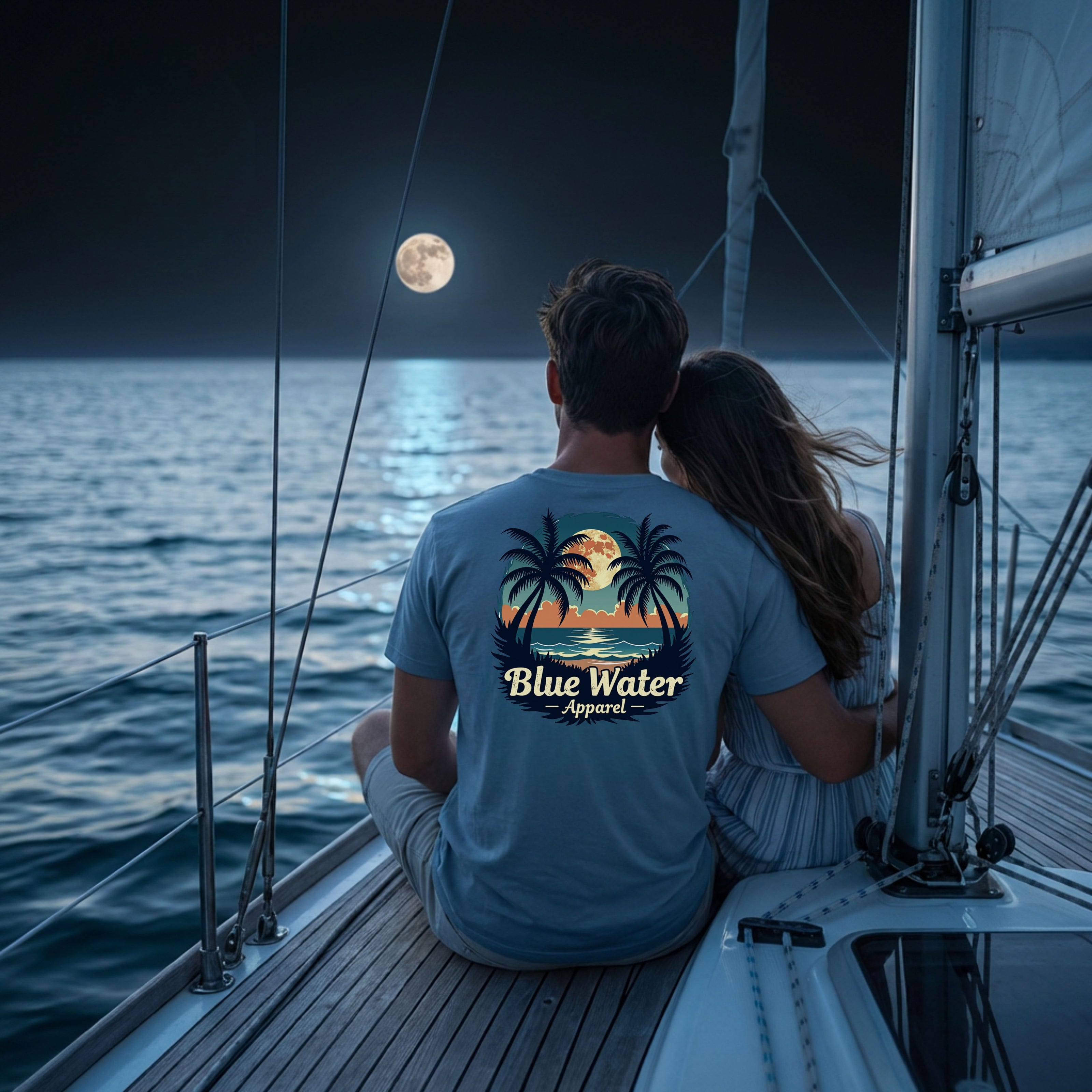 couple with man wearing steel blue tropical moon tee on a sailboat by blue water apparel