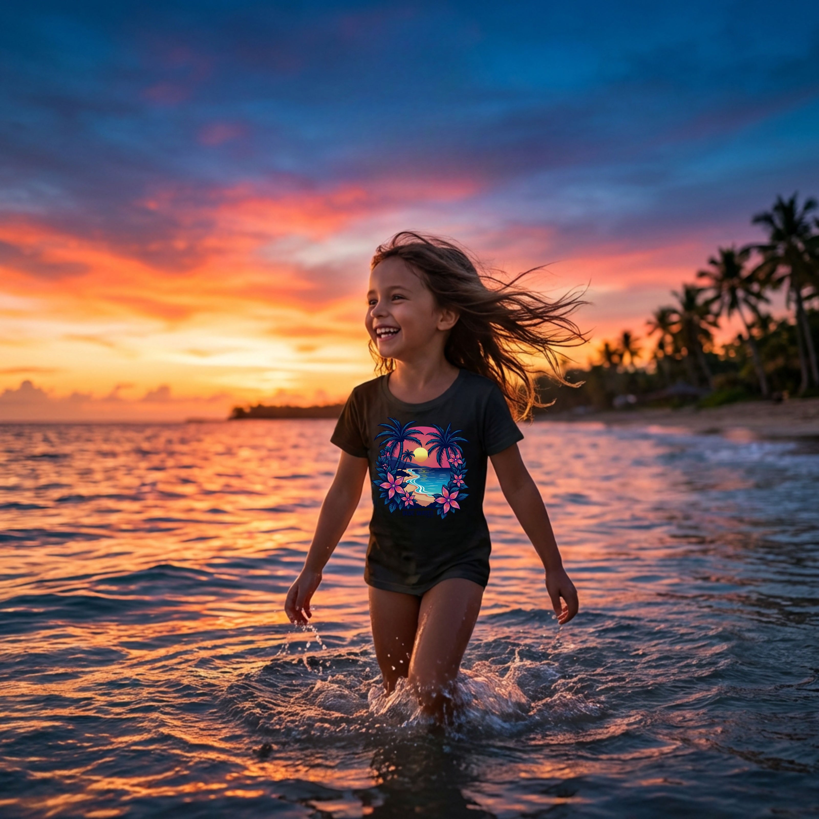 Kid wearing black tropical sunset kids tee playing in water by blue water apparel