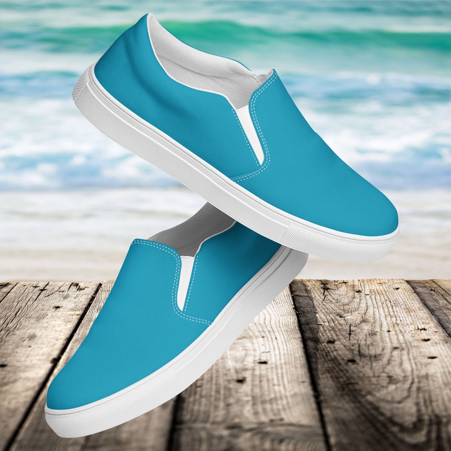Turquoise Men’s Slip-On Canvas Shoes to Match Our Retro & Hibiscus Wave T-Shirts!