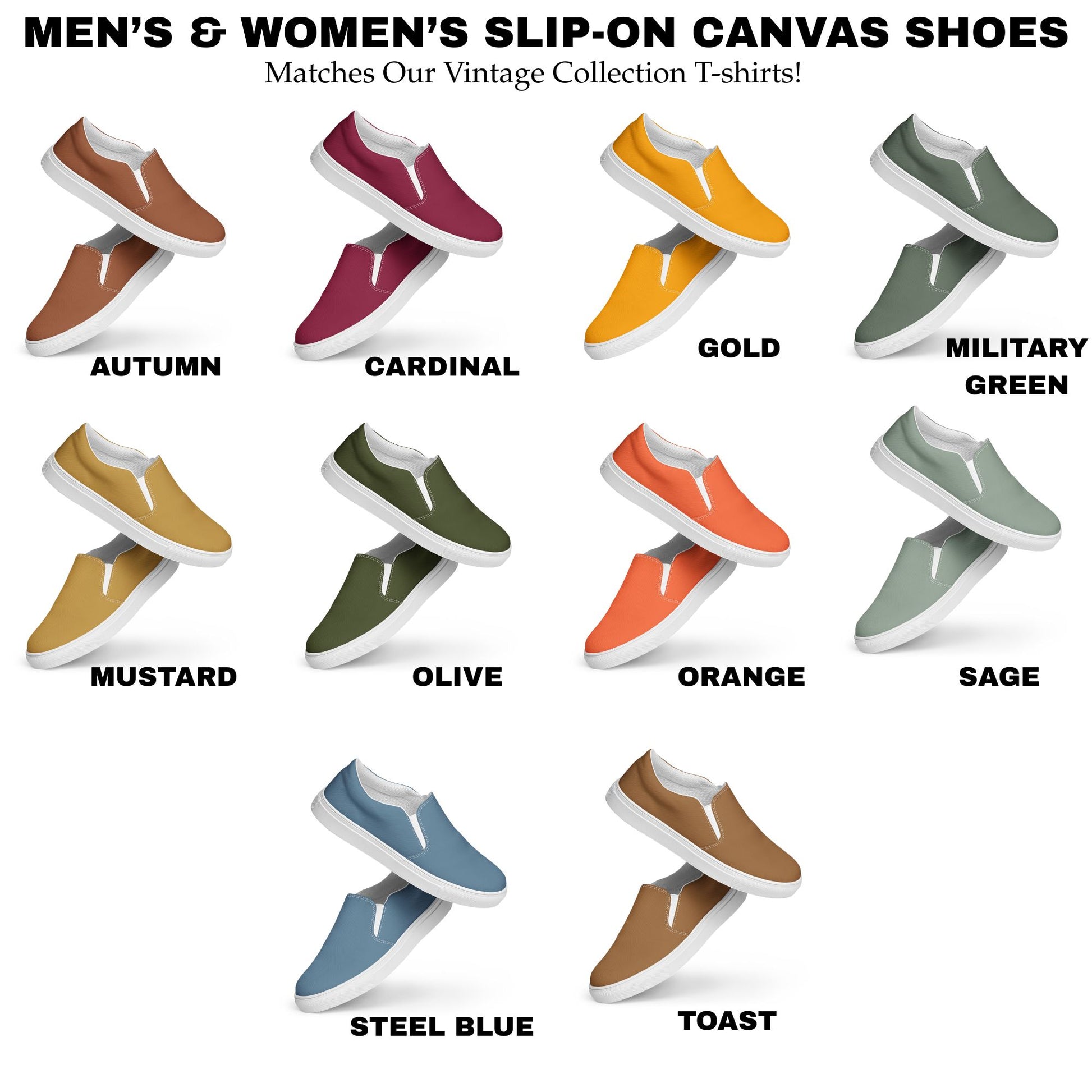 Graphic of matching slip on canvas shoes for all tees in the Vintage Collections