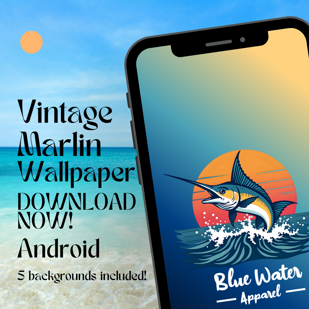 Vintage marlin android wallpaper mockup with beach background by blue water apparel