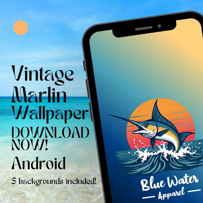 Vintage marlin android wallpaper mockup with beach background by blue water apparel