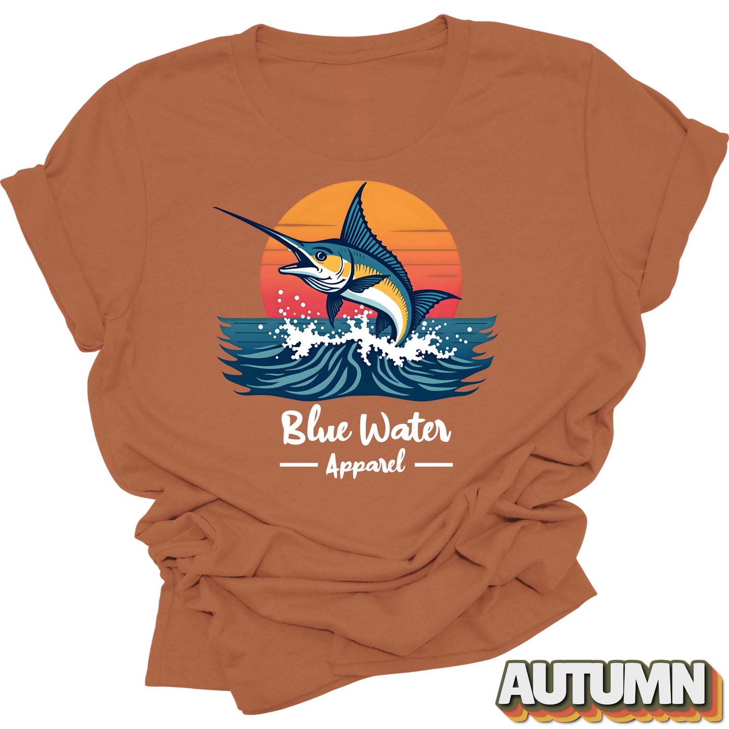 front graphic vintage marlin tee in autumn by blue water apparel