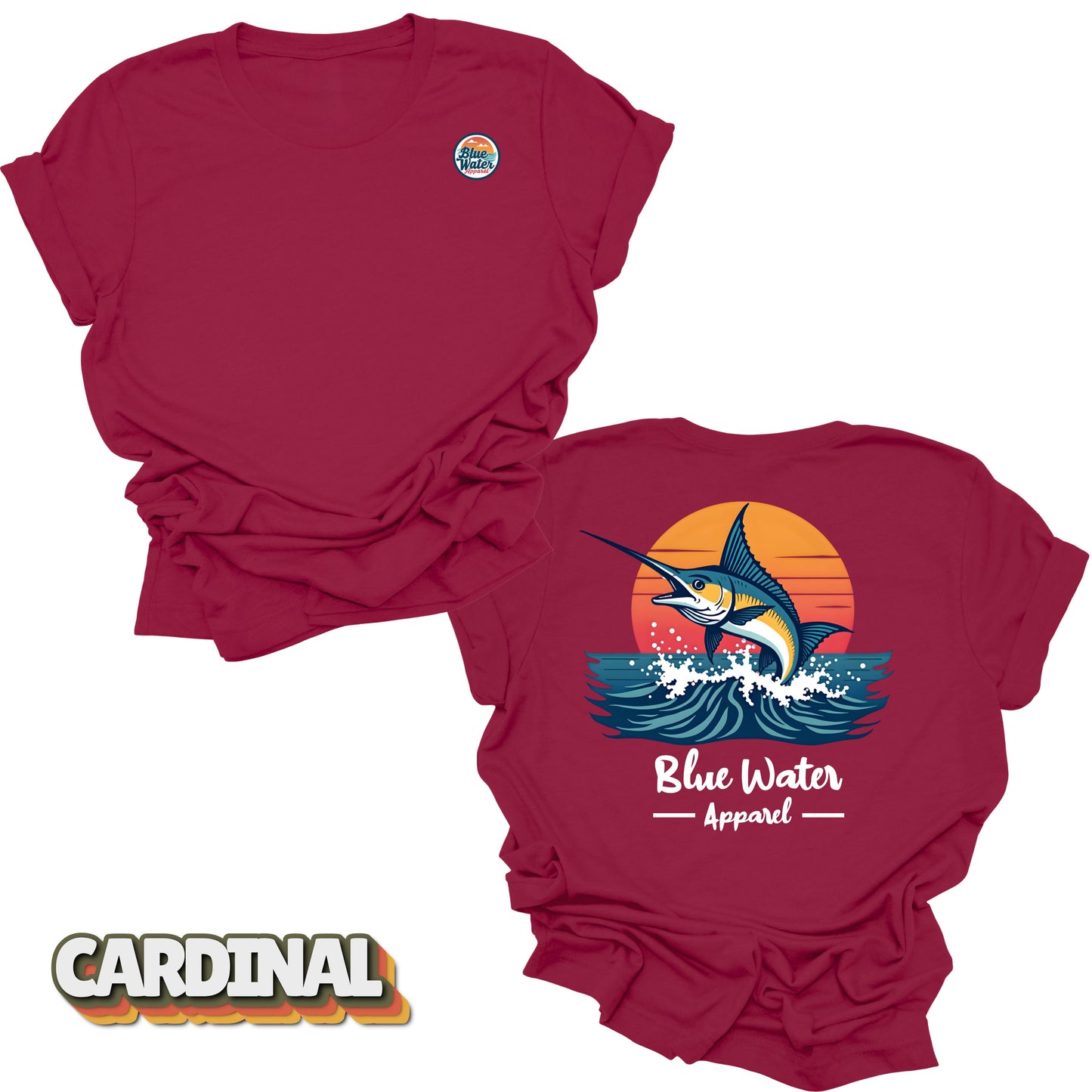 Back graphic of vintage marlin tee in Cardinal by Blue Water Apparel