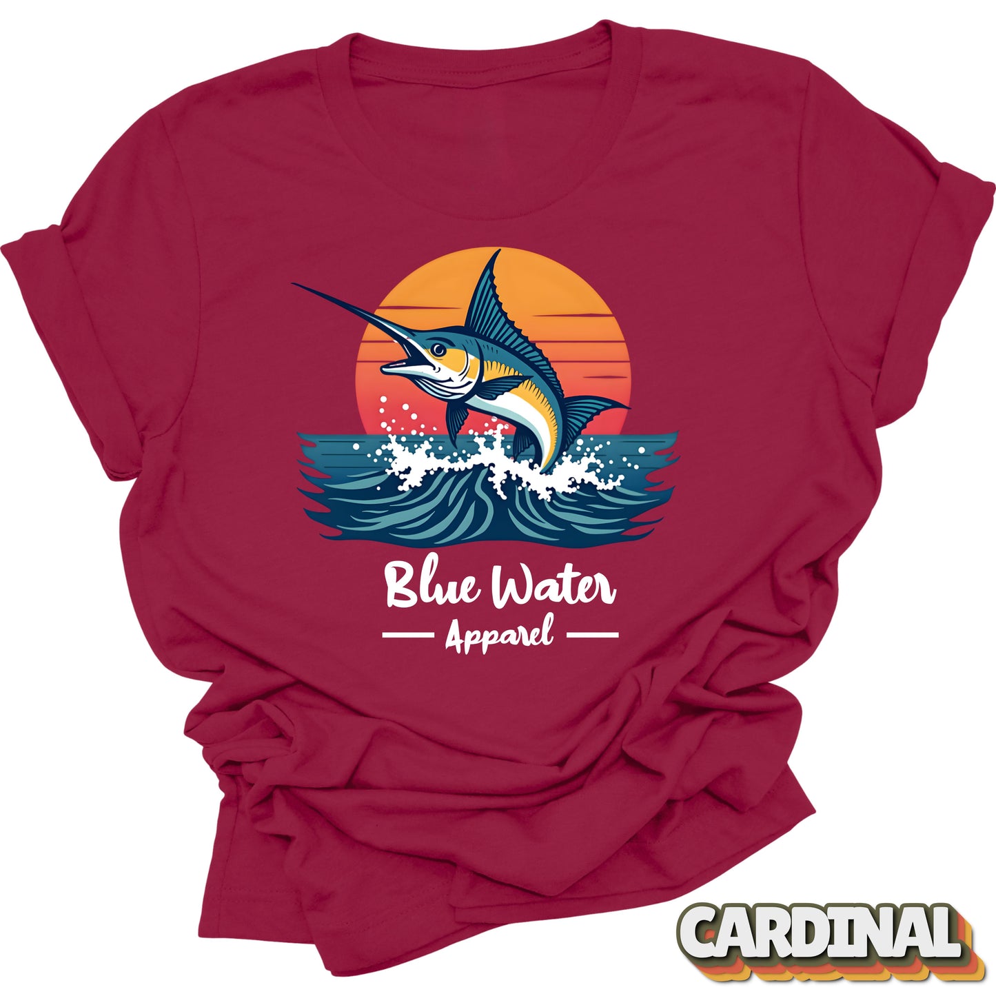front graphic vintage marlin tee in cardinal red by blue water apparel