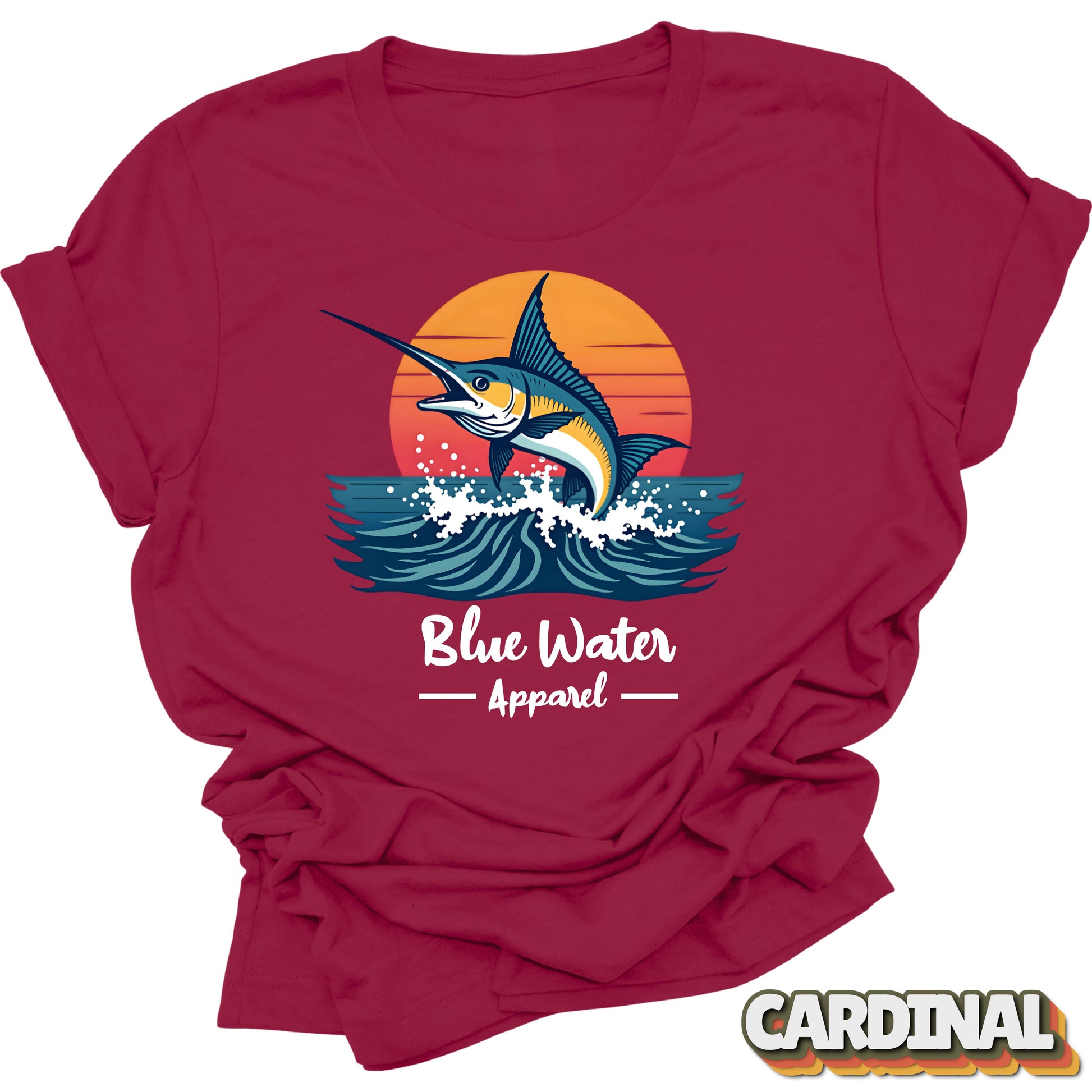 front graphic vintage marlin tee in cardinal red by blue water apparel