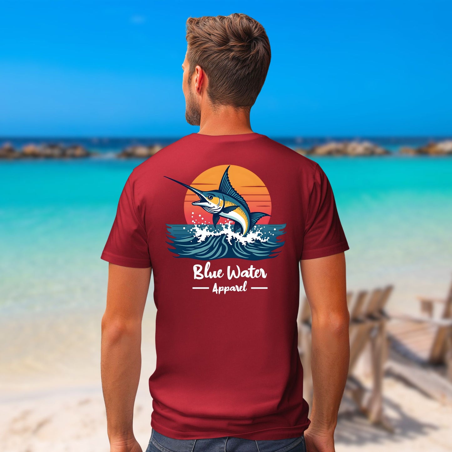 model on beach wearing cardinal red vintage marlin tee by blue water apparel