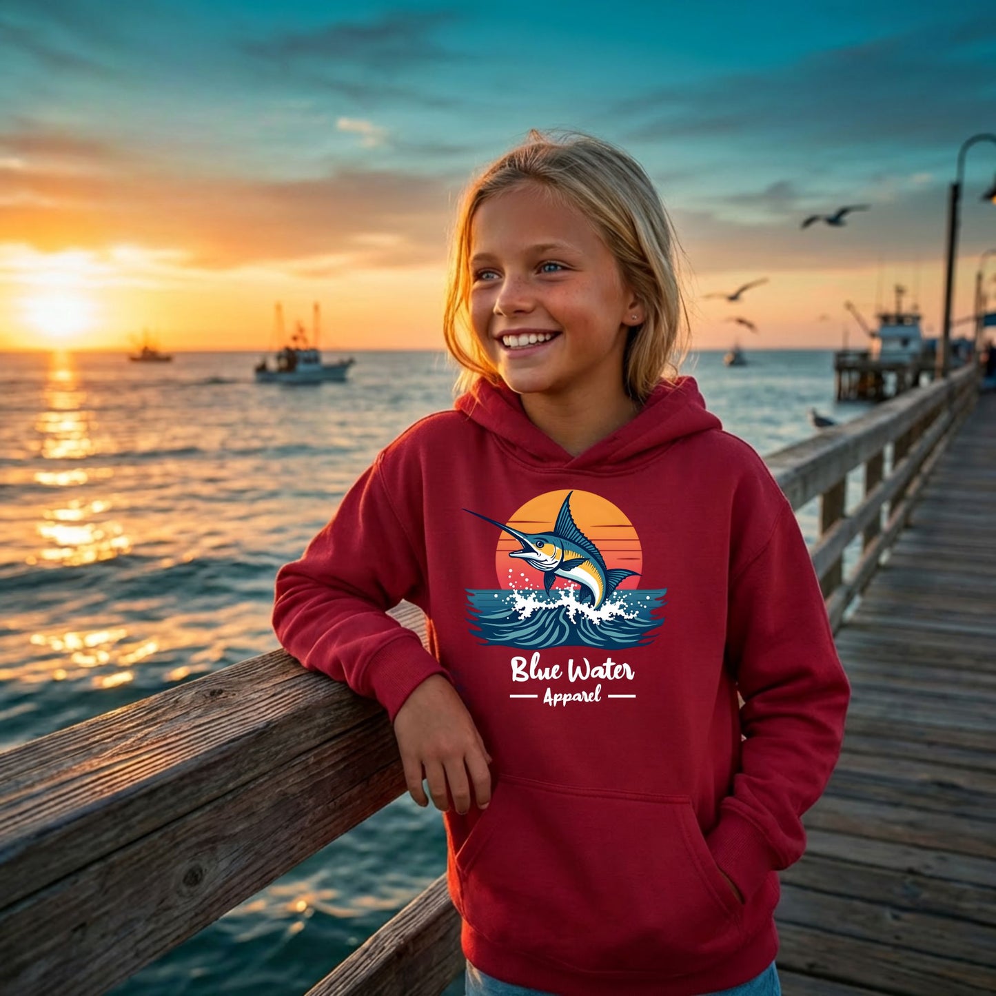 child model wearing cardinal red vintage marlin kids hoodie standing on sunrise pier by blue water apparel
