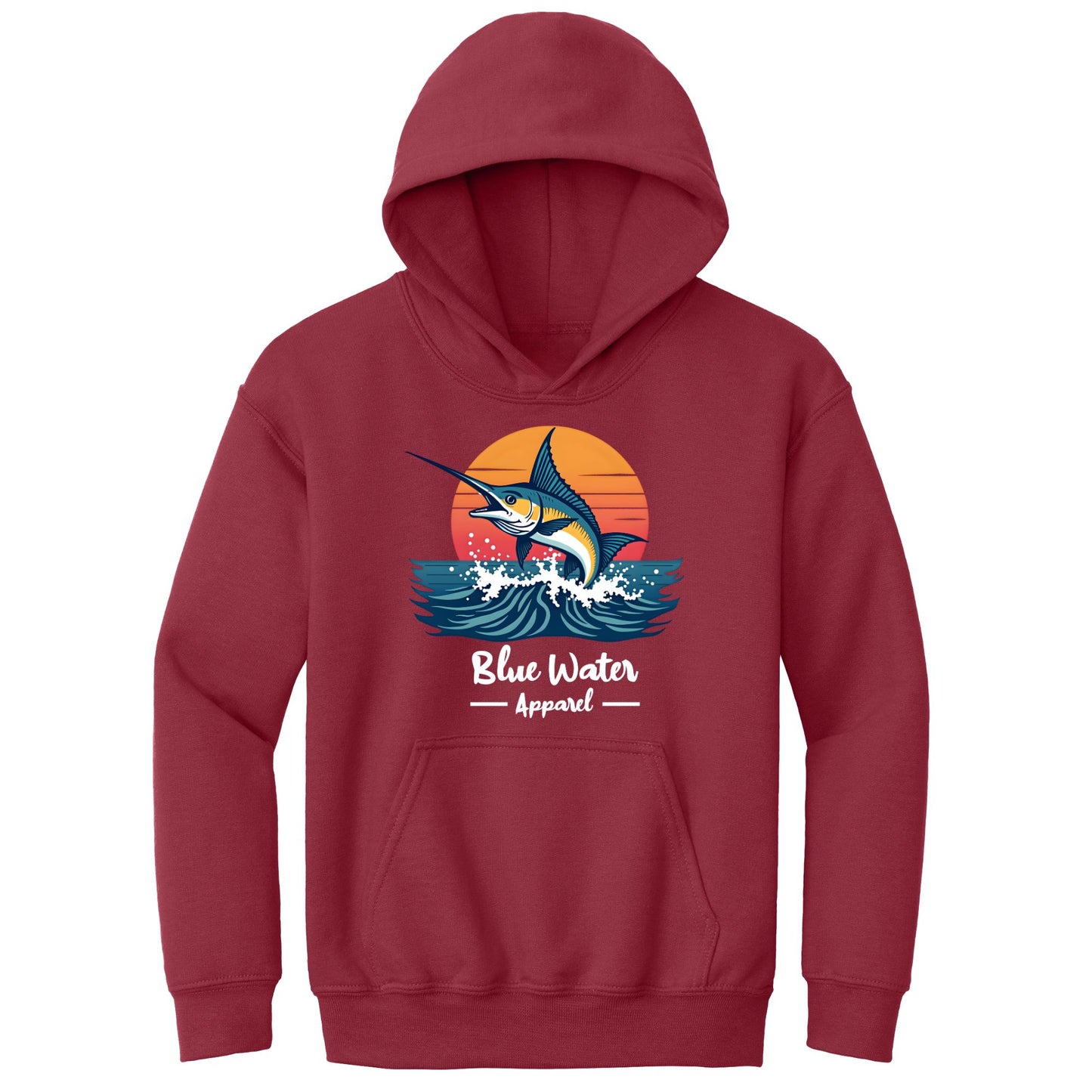 flat lay cardinal red vintage marlin kids hoodie by blue water apparel