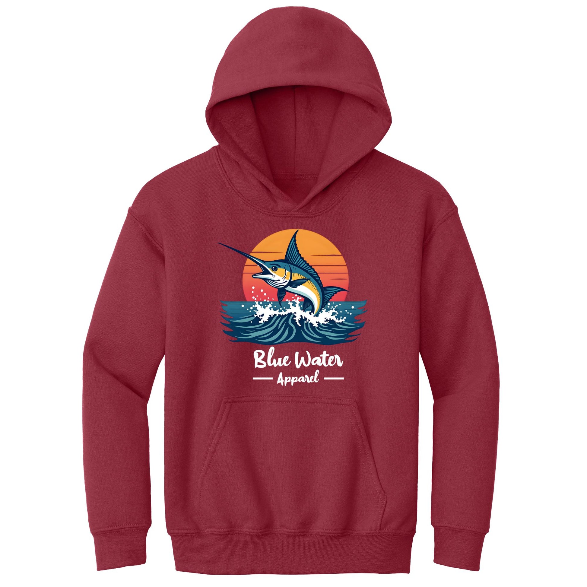 flat lay cardinal red vintage marlin kids hoodie by blue water apparel