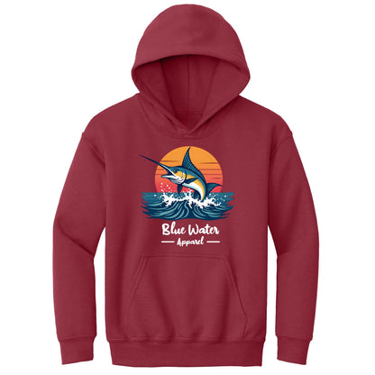 flat lay cardinal red vintage marlin kids hoodie by blue water apparel