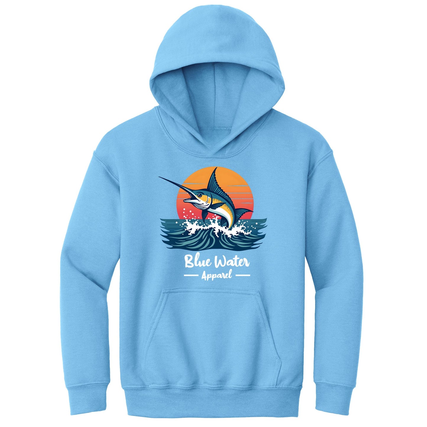 flat lay carolina blue vintage marlin kids hoodie by blue water apparel