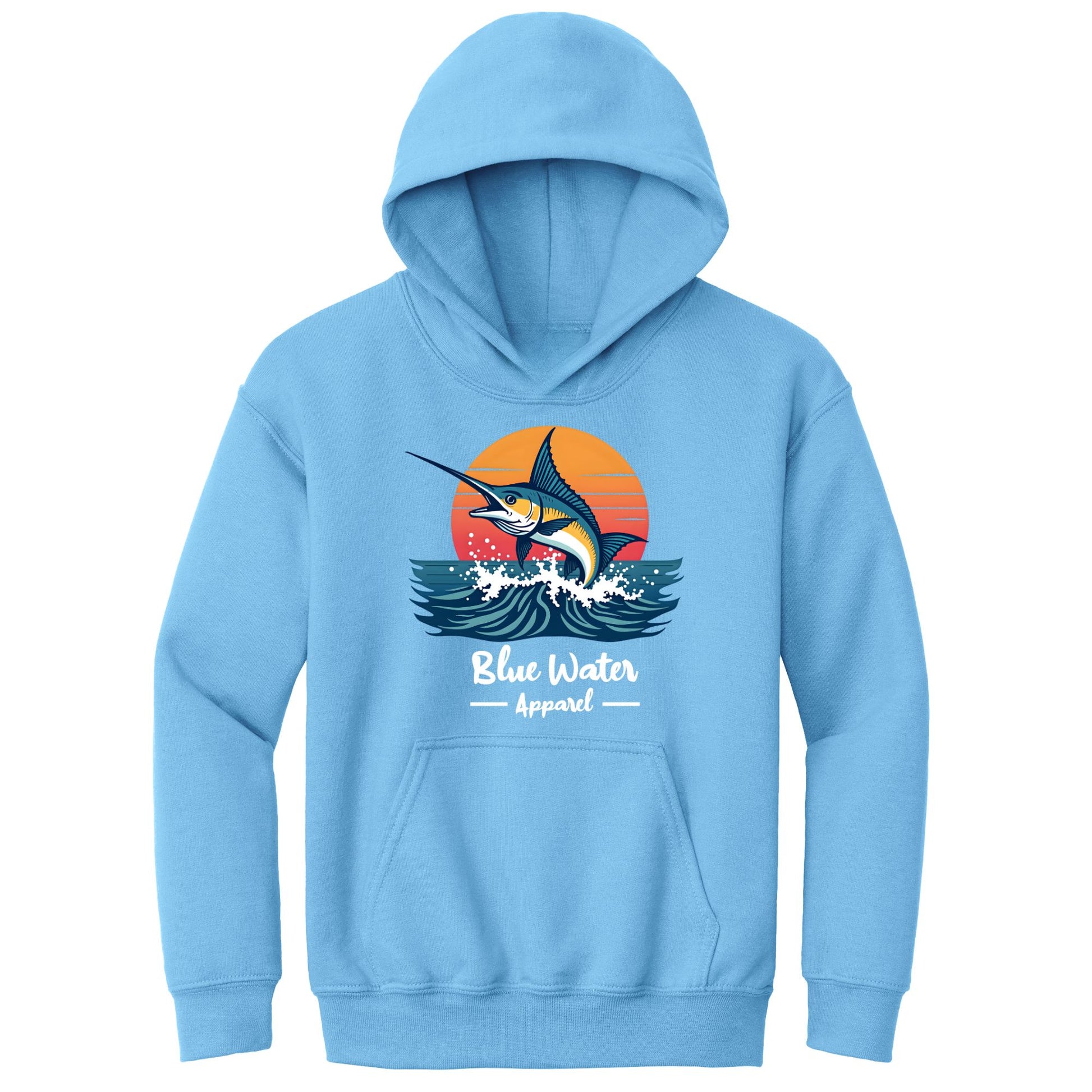 flat lay carolina blue vintage marlin kids hoodie by blue water apparel