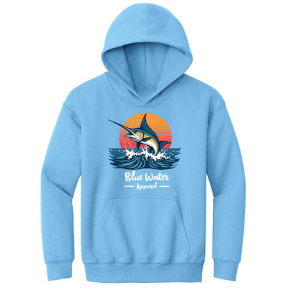 flat lay carolina blue vintage marlin kids hoodie by blue water apparel