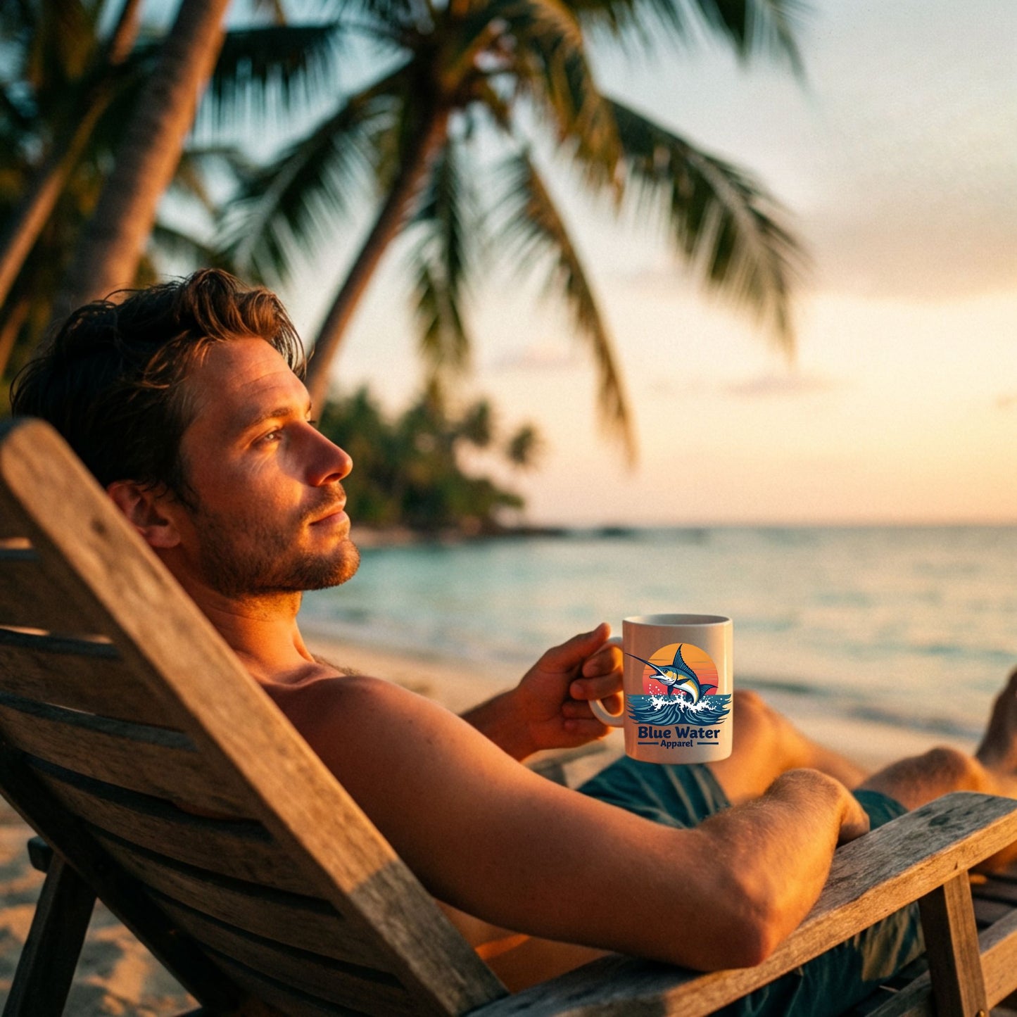 man holding vintage marlin coffee mug sitting in chair on sunrise beach by blue water apparel