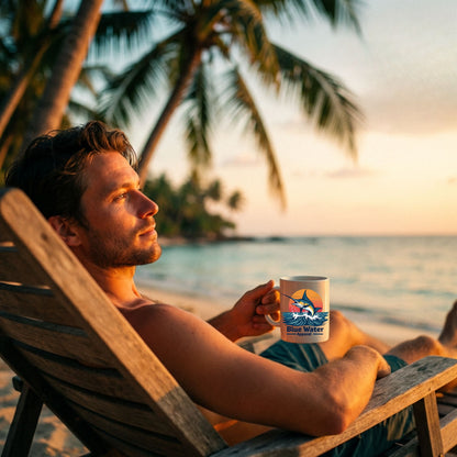 man holding vintage marlin coffee mug sitting in chair on sunrise beach by blue water apparel